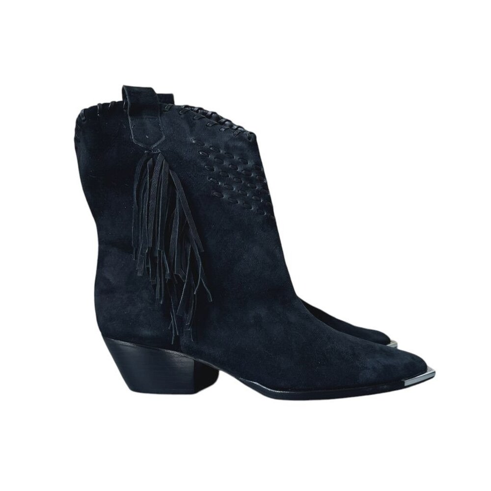 Schutz Alexxa Black Suede Western Boots With Fringe & Metal Toe Caps - Size 8B
